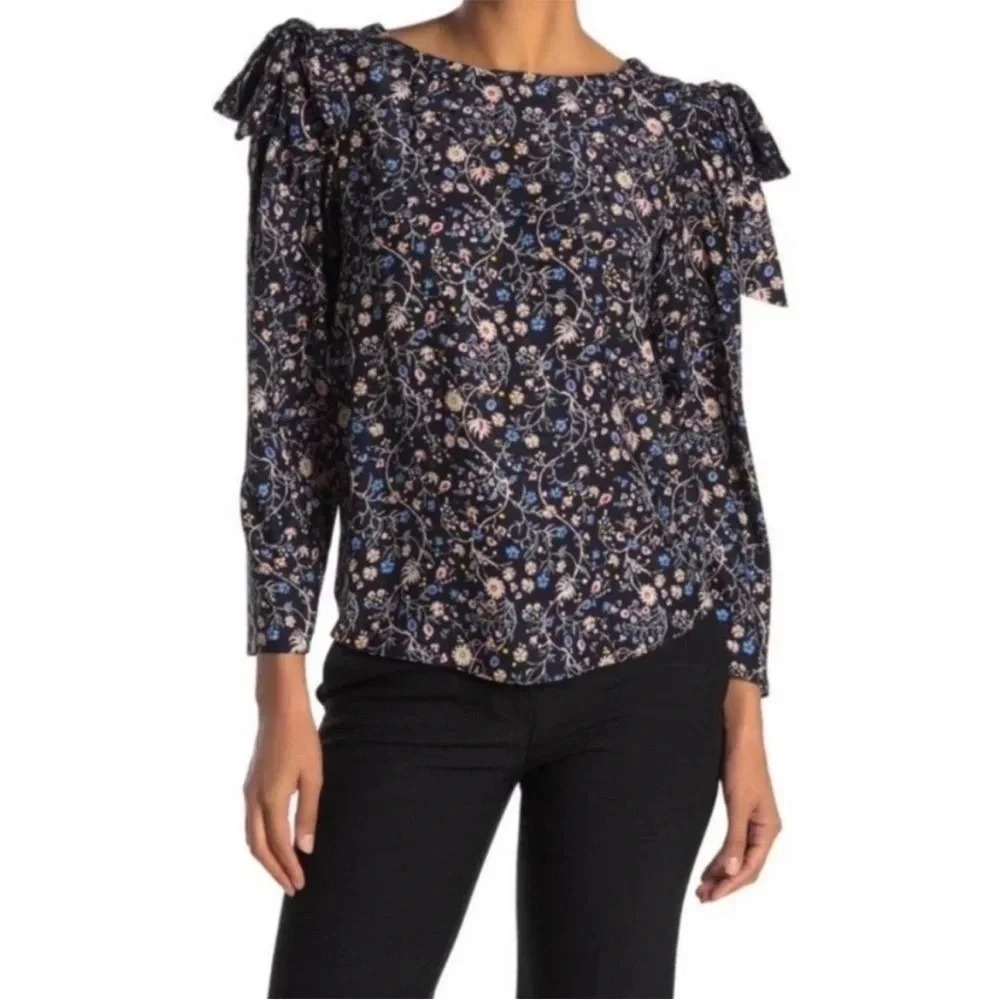 Rebecca Taylor Vivianna Floral Vine Silk Blouse Bows Tie Shoulder size 4